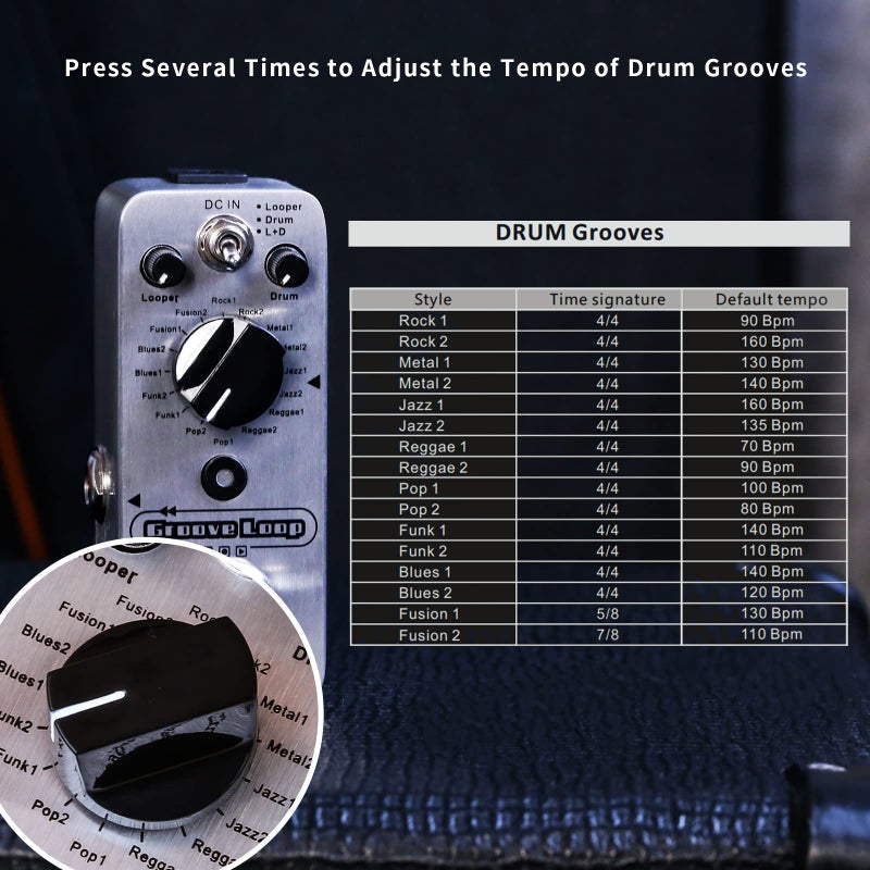 MOOER Groove Loop drum machine with 20 minute finder, 16 different drum grooves, 3 modes, play tempo for loop, record, practice with micro loop drum pedal, mini guitar jamming tool - Image 4